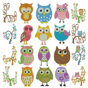 May include: A selection of embroidered owl designs in a variety of colours. The owls are shown in blue, pink, yellow, green, and brown, with detailed stitching. Some designs feature floral accents and tree branches, creating a whimsical and decorative theme.