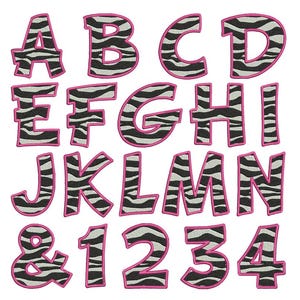 May include: A collection of embroidered letters and numbers in a playful font. Each character features a zebra print pattern in black and white, outlined with a bright pink border. The set includes the alphabet from A to N, along with the numbers 1, 2, 3, and 4, and the ampersand symbol.