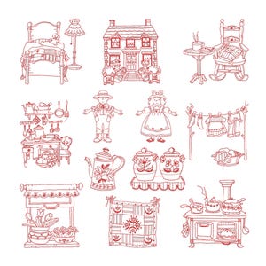 May include: A collection of red line drawings depicting various household items and scenes. Included are a bed, a house, a rocking chair, a kitchen scene, a boy and girl, clothes on a clothesline, a teapot, jars, a window with flowers, a quilt, and a stove.