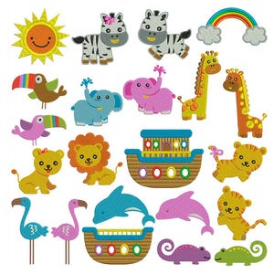 May include: A collection of colorful embroidered animal patches, including a smiling sun, zebras, a rainbow, giraffes, elephants, a toucan, a lion, a tiger, a boat, dolphins, a flamingo, and a lizard. These patches are ideal for children's crafts and sewing projects.