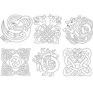 May include: Six black and white Celtic knotwork designs. The designs feature a swan, a two-headed beast, a horse, a square knot, a deer-like creature, and two intertwined figures. The artwork is detailed and intricate, with interwoven lines.