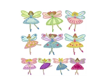 Può includere: Nove disegni di fate ricamate in vari colori. Ogni fata ha un vestito, ali e capelli di colore diverso. Le fate sono in posa da ballo, con le braccia e le gambe distese. Le ali hanno dei riccioli decorativi.