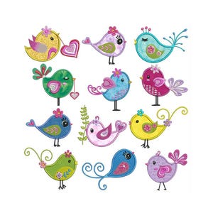 May include: A collection of colorful, embroidered bird designs. Each bird features a unique color palette, floral accents, and decorative details. Some birds hold hearts or sprigs, while others have curly tail feathers.