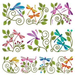 May include: A collection of colorful dragonfly designs. Each design features a dragonfly in shades of blue, orange, pink, purple, and yellow, with green leaves and vines. The dragonflies are set against a white background.