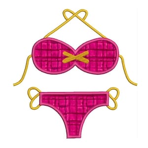 May include: A hot pink bikini set with a textured grid pattern. The top features a bow detail in yellow, and the straps are also yellow. The bottom is a matching hot pink color. This swimwear is perfect for summer.