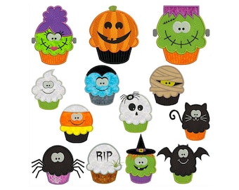 May include: A collection of Halloween-themed cupcake designs. Each cupcake features a different character, including a witch, pumpkin, Frankenstein's monster, ghost, vampire, mummy, candy corn, spider, RIP tombstone, witch, bat, and black cat.