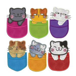 May include: A collection of six cartoon cat designs, each peeking out of a colorful pocket. The cats have different fur colors and expressions, with pockets in pink, green, purple, blue, orange, and red. The image is on a white background.