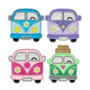 May include: Four colorful cartoon camper vans in blue, purple, pink, and green. Each van features a flower or heart design, with details like headlights, windows, and luggage on top of one. The vans are designed with a retro, whimsical style.