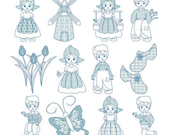 Conjunto de bordado a máquina holandés de líneas azules