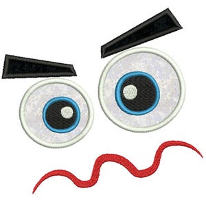 May include: Embroidered cartoon face design featuring two large, round eyes with blue irises, black pupils, and white highlights. Above the eyes are black eyebrows. A red, squiggly line forms the mouth, creating an expression of frustration or anger.