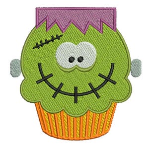 May include: A green Frankenstein-themed cupcake design with a purple head, stitched details, and a smiling face. The cupcake has an orange and yellow striped base, perfect for Halloween-themed crafts and decorations.