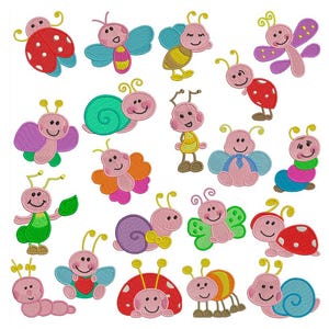 May include: A collection of colorful embroidered insect designs, including ladybugs, butterflies, bees, and snails. Each insect has a smiling face and is rendered in bright, cheerful colors like red, pink, green, and yellow. These designs are perfect for children's crafts.