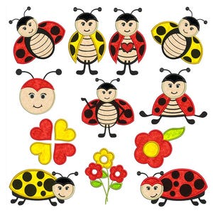 May include: A collection of embroidered ladybug and flower designs in red, yellow, and black. The ladybugs have smiling faces and various wing patterns. There are also heart and flower designs, all with a cartoonish style.
