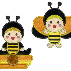 May include: Two cartoon bee characters. One is sitting on a honeycomb-like structure, and the other is standing with wings. Both have black and yellow striped bodies, black antennae, and smiling faces with rosy cheeks.
