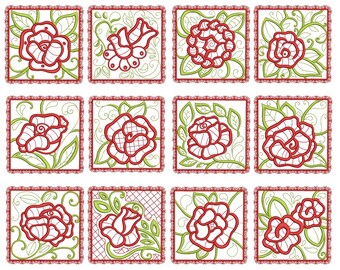 Machine Embroidery Roses Quilt Blocks Set