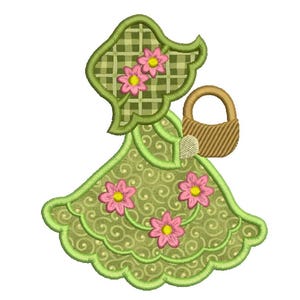 May include: An embroidered design of a girl in a green dress with pink flowers and a woven basket. The girl's bonnet has a plaid pattern. The dress has a scalloped hemline and a swirling pattern.