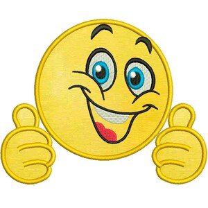 Op de afbeelding: Geborduurd geel smiley-gezicht met blauwe ogen, een rode mond en zwarte wenkbrauwen en omtrek. De smiley geeft met beide handen een duim omhoog. Het ontwerp staat op een witte achtergrond.