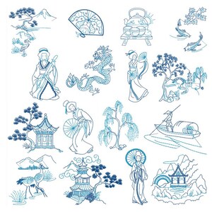 May include: A collection of blue and white line art illustrations featuring Japanese and Chinese cultural elements. Depictions include a fan, geishas, a dragon, pagodas, koi fish, and landscapes with trees and mountains.