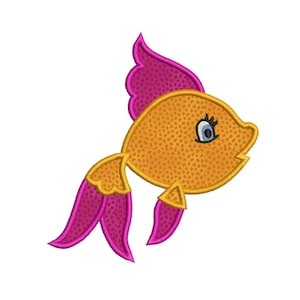 May include: Embroidered design of a cartoon fish with a textured orange body and magenta fins. The fish has a blue eye and a smiling mouth. The design is likely for an applique or patch.