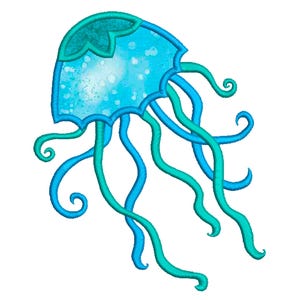 May include: A colourful illustration of a jellyfish in shades of blue and teal. The jellyfish has a bell-shaped body with a scalloped edge and long, flowing tentacles. The design features a watercolour effect with subtle white speckles.