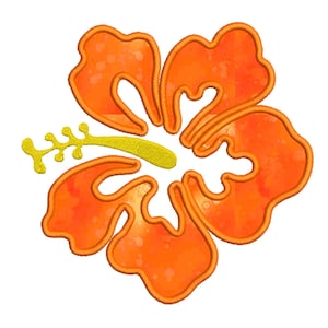 May include: A vibrant orange hibiscus flower with yellow accents. The flower has a detailed outline and a textured appearance, with a yellow stamen and pistil. The petals are a bright orange with a watercolor effect.