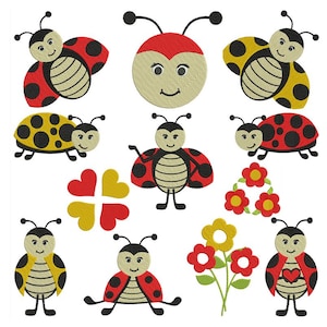 May include: A collection of embroidered ladybug designs in various poses and colors. The ladybugs feature red and black, and yellow and black patterns, with smiling faces. Also included are flower and heart designs.