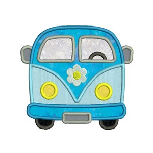 May include: A blue and light blue embroidered van with a flower on the front. The van has two yellow headlights, two windows, and a black steering wheel. The van is a cartoon style design.