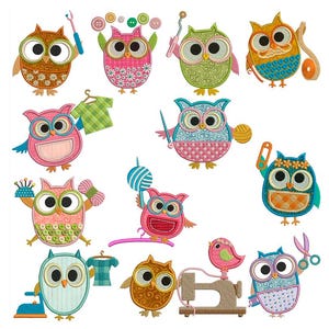 May include: A collection of colorful, embroidered owl designs. Each owl features a unique pattern and holds sewing-related items like needles, buttons, and yarn. The owls are in various colors, including pink, blue, green, and orange, with detailed stitching.