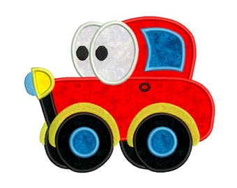 May include: A cartoon-style red car with large, googly eyes and black wheels. The car has a blue window and a yellow and blue headlight. The wheels have yellow trim and blue centers. The car is designed for children.