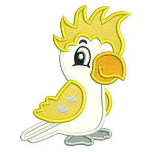 May include: A cartoon-style parrot embroidery design. The bird is primarily white with yellow accents on its crest, beak, and wing. The parrot has a friendly expression with a large eye and is standing on gray feet.