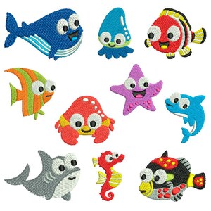 May include: A collection of embroidered sea creatures, including a blue whale, octopus, clownfish, and starfish. Other designs include a crab, dolphin, shark, seahorse, and a colorful fish. Each design features large, friendly eyes and bright colors.
