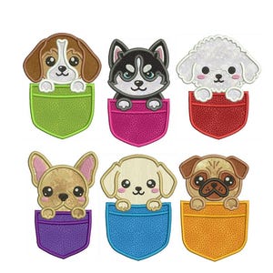 May include: Embroidered patches featuring six different dog breeds peeking out of colorful pockets. The dogs include a beagle, husky, poodle, French bulldog, golden retriever, and pug. Each dog is depicted with large, expressive eyes.