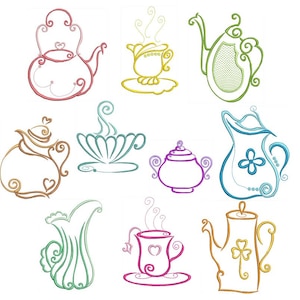 May include: A collection of colorful, whimsical line art illustrations of teacups, teapots, and a pitcher. The designs feature swirling lines, hearts, and floral motifs in shades of pink, green, yellow, blue, and brown. The steam rising from the cups adds a playful touch.