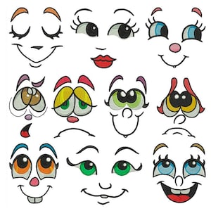 Könnte beinhalten: Eine Sammlung farbenfroher Cartoon-Gesichtsdesigns mit unterschiedlichen Ausdrücken. Jedes Gesicht hat einzigartige Merkmale, wie Augenformen, Augenbrauen und Münder, die Emotionen zeigen. Die Designs verwenden eine Vielzahl von Farben, darunter Blau, Grün, Rot und Gelb, mit schwarzen Umrissen.