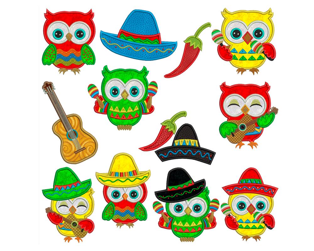 Machine Embroidery Applique Cino De Mayo Owls Set