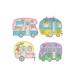 Puede incluir: Cuatro ilustraciones de caravanas coloridas. Cada caravana está decorada con detalles florales y tiene una combinación de colores única: rosa y azul, azul y amarillo, amarillo y rosa, y morado y verde. La imagen está sobre un fondo blanco.
