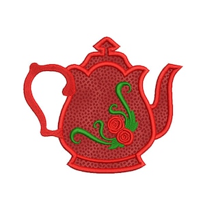 May include: Embroidered red teapot with a textured surface, featuring a decorative design of green vines and red roses. The teapot has a curved handle and a spout, perfect for tea lovers.