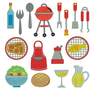 May include: A collection of embroidered barbecue-themed designs. Includes a red grill, utensils, a red apron, a bowl of salad, a loaf of bread, a bottle, and plates with steak and fish.