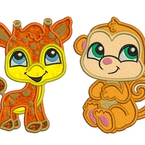 May include: Two cartoon animal patches: a giraffe and a monkey. The giraffe is orange with brown spots, yellow accents, and blue eyes. The monkey is orange with green eyes and pink accents. Both have smiling faces.