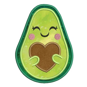 May include: A smiling avocado with a brown heart-shaped pit, pink cheeks, and curved arms. The avocado is green with a darker green outline. The design is a cute, cartoon-style illustration.