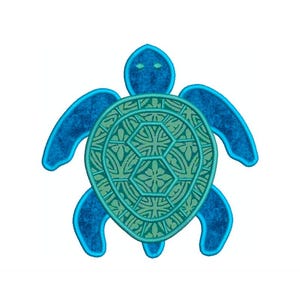 May include: A blue and teal turtle design. The turtle has a detailed shell pattern in teal and a blue outline. The body and flippers are a solid blue color. The design is on a white background.