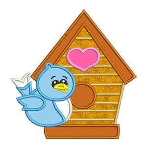 May include: A cartoon illustration of a blue bird next to a brown birdhouse with a pink heart. The bird has a yellow beak and white accents. The birdhouse has a round opening and decorative gold swirls.