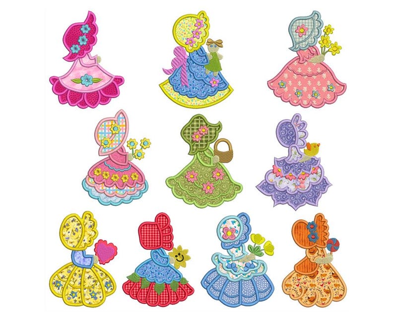 Pu&ograve; includere: Una collezione di nove colorati disegni ricamati di ragazze in stile vintage con cappellini e vestiti. Ogni disegno presenta palette di colori e dettagli unici, tra cui fiori, cestini e giocattoli. Adatto per progetti di artigianato.