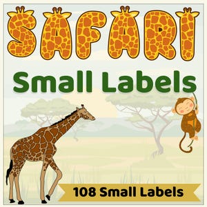 May include: Safari-themed small labels with a giraffe and monkey illustration. The word "SAFARI" is in large, giraffe-patterned letters. The text "Small Labels" is in green, and the image includes "108 Small Labels" on a yellow banner.