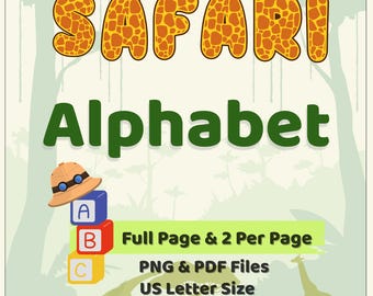 Affiches de l'alphabet Safari de A à Z | Décoration de classe imprimable ABC | Décoration murale pour enfants d'âge préscolaire et maternelle