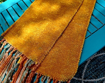 Handwoven scarf gold chenille scarf with fringe