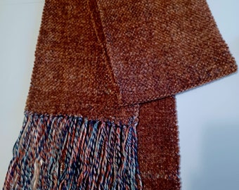 Handwoven brown chenille scarf with fringe FREE shipping