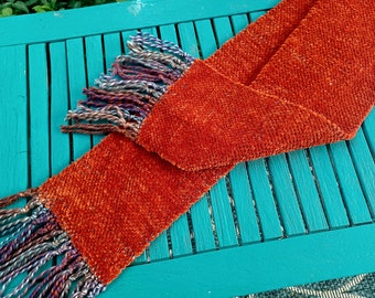 Handwoven scarf orange chenille scarf with fringe