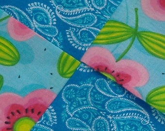 Potholder Four Squared Aqua Blue Ikat with Mod Pink Flowers and Lime Green