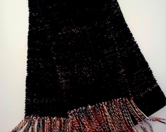 Handwoven scarf black chenille scarf with fringe